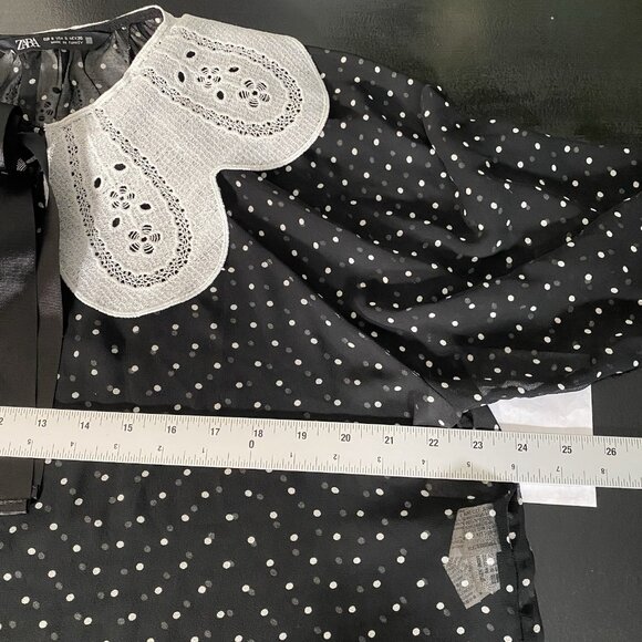Zara Polka Dot Sheer Blouse S Oversized Peter Pan Claudine Collar Tie Neck Bow - Picture 14 of 16